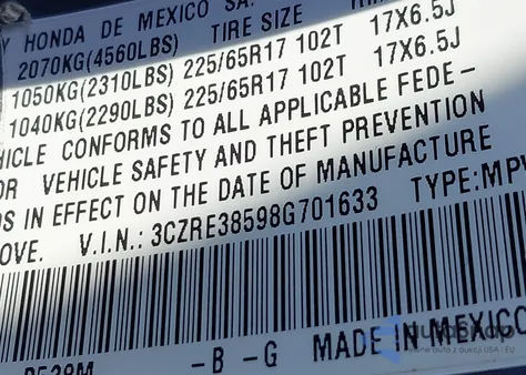 2008 Honda Cr-V Ex from USA, damaged, VIN 3CZRE38598G701633